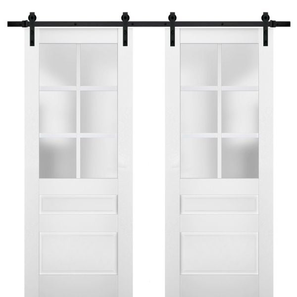 Sturdy Double Barn Door with Frosted Glass | Veregio 7339 White Silk | 13FT Rail Hangers Heavy Set | Solid Panel Interior Doors