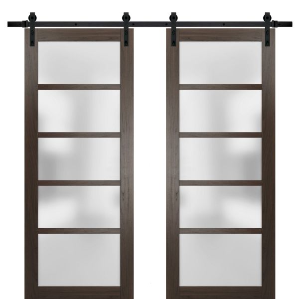 Sturdy Double Barn Door with Frosted Glass | Quadro 4002 Chocolate Ash | 13FT Rail Hangers Heavy Set | Solid Panel Interior Doors