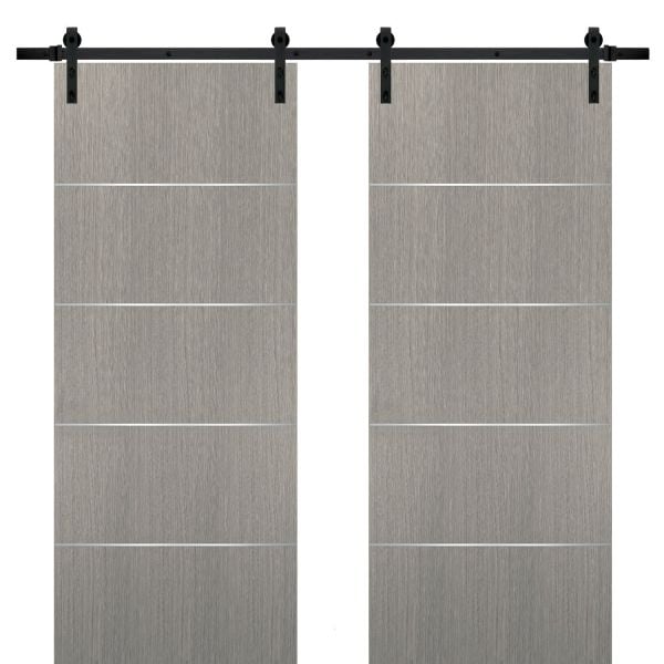 Sliding Double Barn Doors with Hardware | Planum 0020 Grey Oak | 13FT Rail Hangers Sturdy Set | Modern Solid Panel Interior Hall Bedroom Bathroom Door-36" x 80" (2* 18x80)-Black Rail