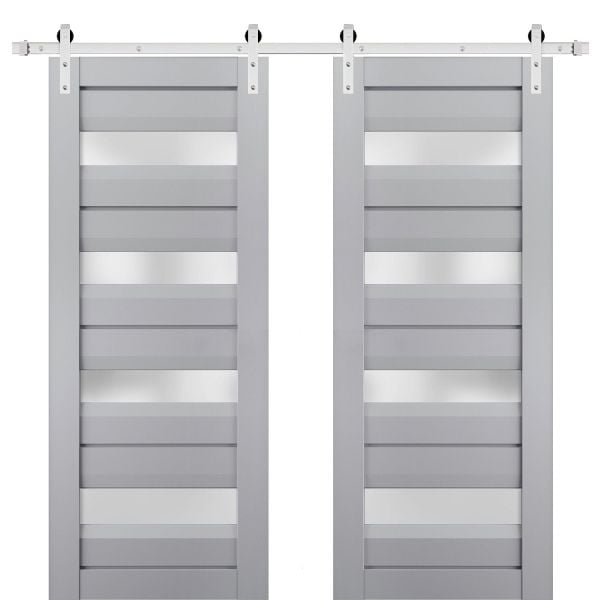 Sturdy Double Barn Door with Frosted Glass | Veregio 7455 Matte Grey | Silver 13FT Rail Hangers Heavy Set | Solid Panel Interior Doors