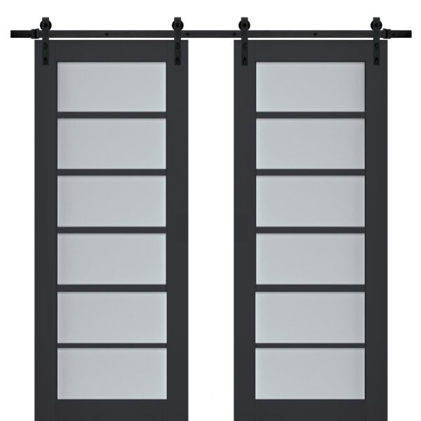 Sturdy Double Barn Door with Frosted Glass | Veregio 7602 Antracite | 13FT Rail Hangers Heavy Set | Solid Panel Interior Doors-36" x 80" (2* 18x80)-Black Rail