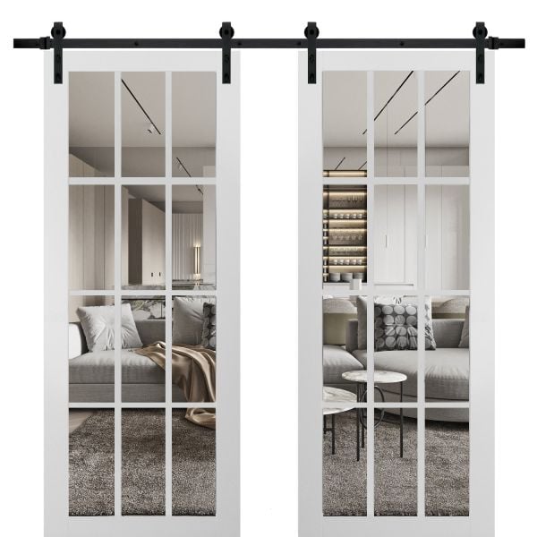 Sturdy Double Barn Door with Clear Glass 12 lites | Felicia 3355 Matte White | 13FT Rail Hangers Heavy Set | Solid Panel Interior Doors-36" x 80" (2* 18x80)-Black Rail