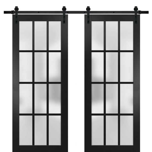 Sturdy Double Barn Door 12 lites | Felicia 3312 Matte Black with Frosted Glass | 13FT Rail Hangers Heavy Set | Solid Panel Interior Doors