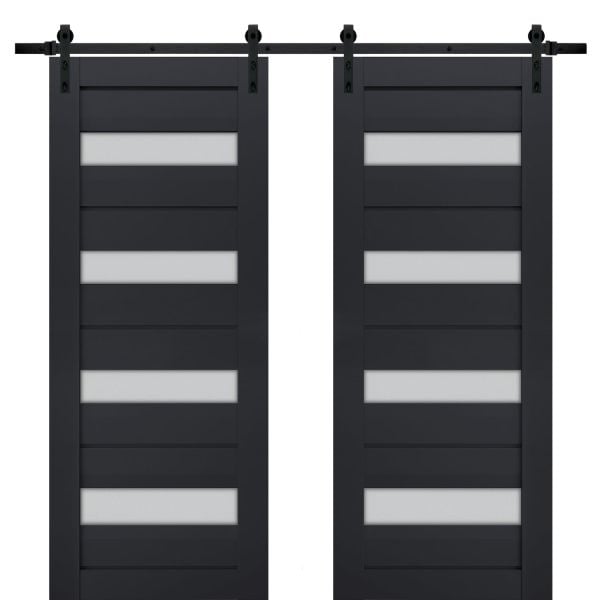 Sturdy Double Barn Door with Frosted Glass | Veregio 7455 Antracite | 13FT Rail Hangers Heavy Set | Solid Panel Interior Doors-36" x 80" (2* 18x80)-Black Rail
