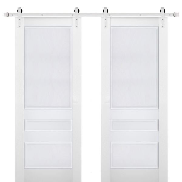Sturdy Double Barn Door | Veregio 7411 White Silk | Silver 13FT Rail Hangers Heavy Set | Solid Panel Interior Doors