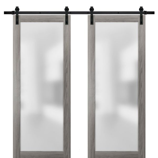 Sturdy Double Barn Door with Frosted Glass | Planum 2102 Ginger Ash | 13FT Rail Hangers Heavy Set | Modern Solid Panel Interior Doors-36" x 80" (2* 18x80)-Black Rail