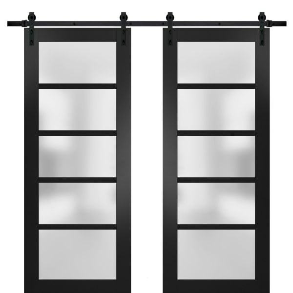 Sturdy Double Barn Door | Quadro 4002 Matte Black with Frosted Glass | 13FT Rail Hangers Heavy Set | Solid Panel Interior Doors