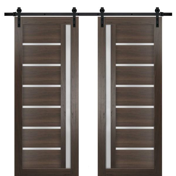Sturdy Double Barn Door with Frosted Glass | Quadro 4088 Chocolate Ash | 13FT Rail Hangers Heavy Set | Solid Panel Interior Doors