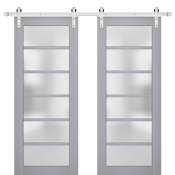 Sturdy Double Barn Door | Veregio 7602 Matte Grey with Frosted Glass | Silver 13FT Rail Hangers Heavy Set | Solid Panel Interior Doors