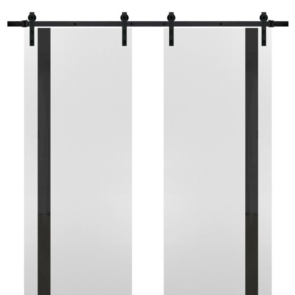 Sturdy Double Barn Door with | Planum 0040 White Silk with Black Glass | 13FT Rail Hangers Heavy Set | Solid Panel Interior Doors-36" x 80" (2* 18x80)-Black Rail