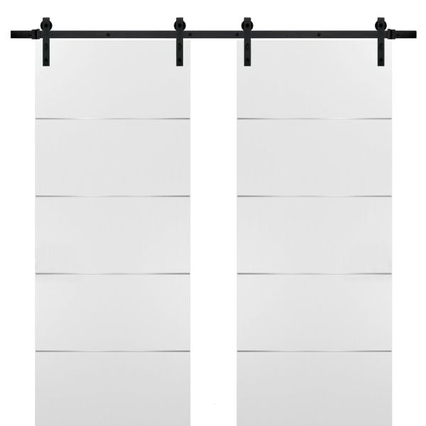Sliding Double Barn Doors with Hardware | Planum 0020 White Silk | 13FT Rail Hangers Sturdy Set | Modern Solid Panel Interior Hall Bedroom Bathroom Door-36" x 80" (2* 18x80)-Black Rail