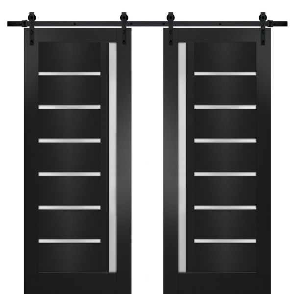Sturdy Double Barn Door with | Quadro 4088 Matte Black with Frosted Glass | 13FT Rail Hangers Heavy Set | Solid Panel Interior Doors