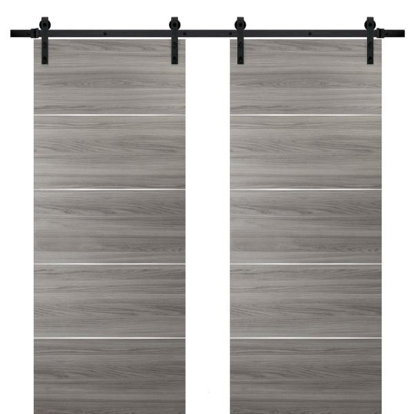 Sliding Double Barn Doors with Hardware | Planum 0020 Ginger Ash | 13FT Rail Hangers Sturdy Set | Modern Solid Panel Interior Hall Bedroom Bathroom Door-36" x 80" (2* 18x80)-Black Rail