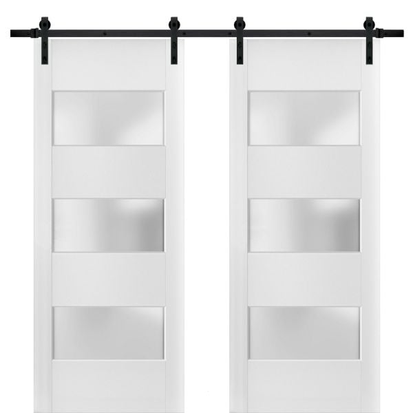 Sturdy Double Barn Door with 2 lites | Lucia 4070 White Silk | 13FT Rail Hangers Heavy Set | Solid Panel Interior Doors