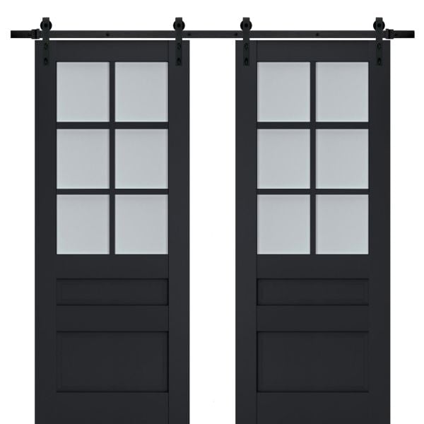 Sturdy Double Barn Door with Frosted Glass | Veregio 7339 Antracite | 13FT Rail Hangers Heavy Set | Solid Panel Interior Doors-36" x 80" (2* 18x80)-Black Rail