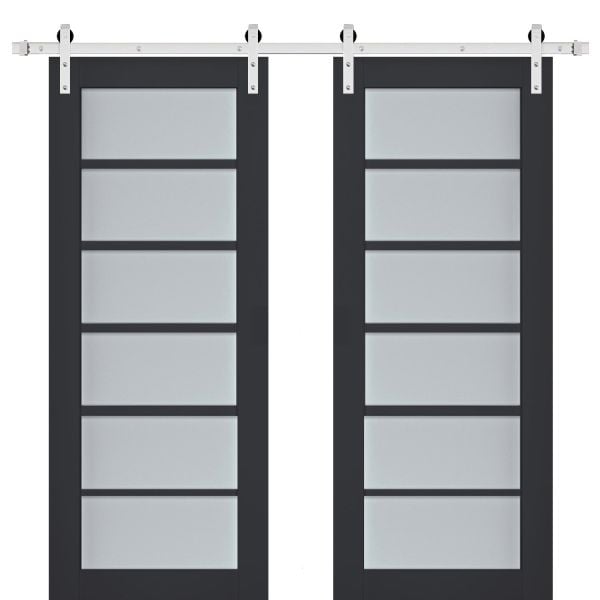 Sturdy Double Barn Door | Veregio 7602 Antracite with Frosted Glass | Silver 13FT Rail Hangers Heavy Set | Solid Panel Interior Doors