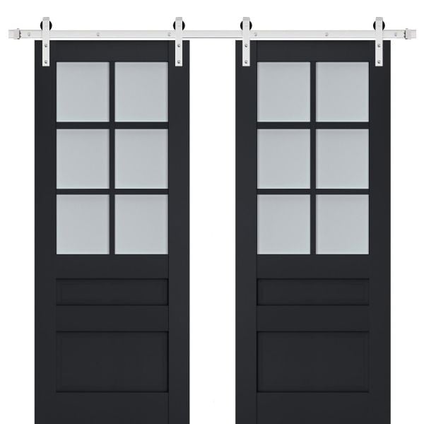 Sturdy Double Barn Door with Frosted Glass | Veregio 7339 Antracite | Silver 13FT Rail Hangers Heavy Set | Solid Panel Interior Doors