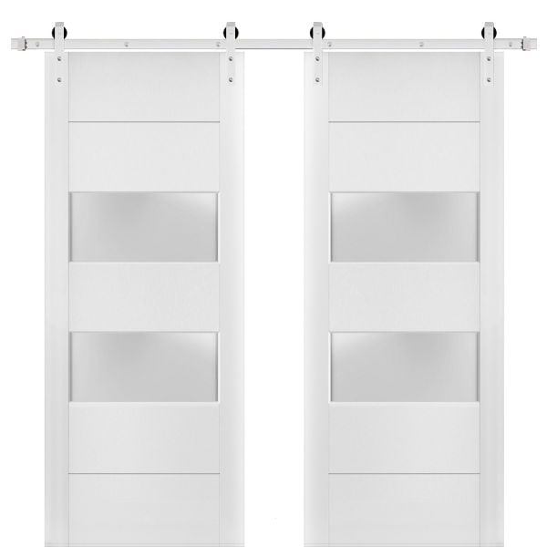 Sturdy Double Barn Door with 2 lites | Lucia 4010 White Silk with Frosted Glass | 13FT Steinless Steel Rail Hangers Heavy Set | Solid Panel Interior Doors