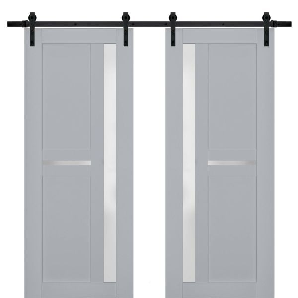 Sturdy Double Barn Door with Frosted Glass | Veregio 7288 Matte Grey | 13FT Rail Hangers Heavy Set | Solid Panel Interior Doors-36" x 80" (2* 18x80)-Black Rail