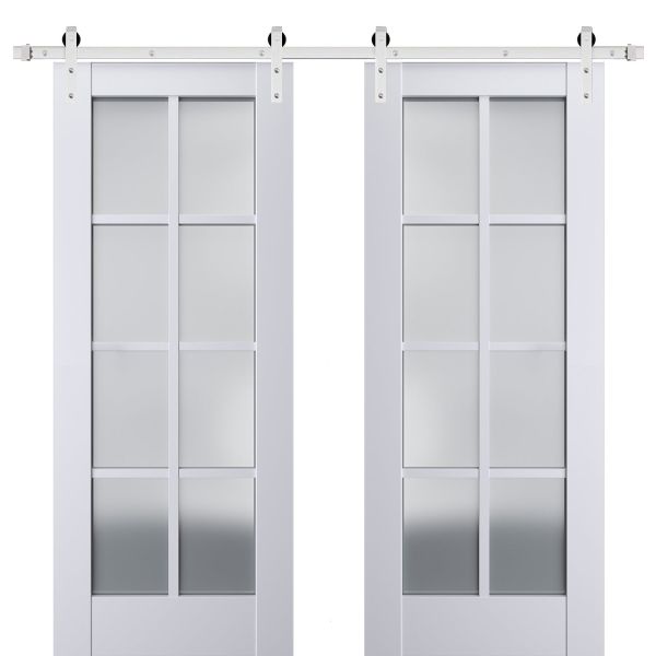 Sturdy Double Barn Door | Veregio 7412 White Silk with Frosted Glass | Silver 13FT Rail Hangers Heavy Set | Solid Panel Interior Doors