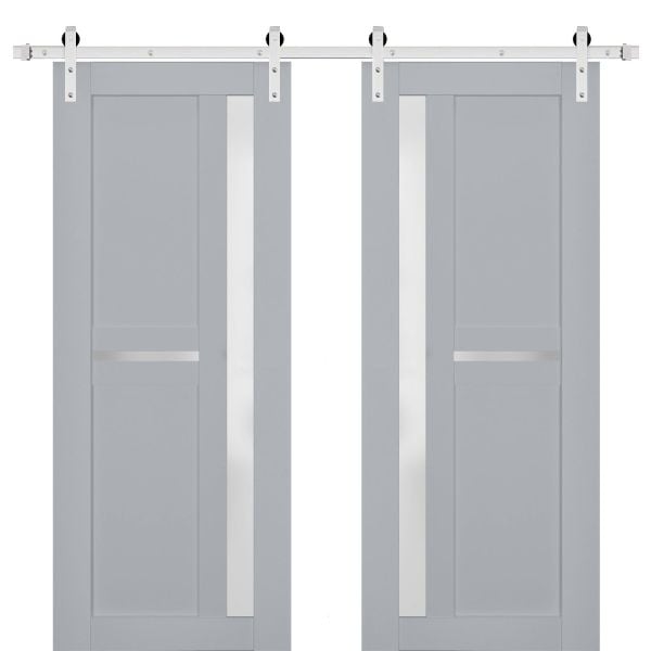 Sturdy Double Barn Door | Veregio 7288 Matte Grey with Frosted Glass | Silver 13FT Rail Hangers Heavy Set | Solid Panel Interior Doors