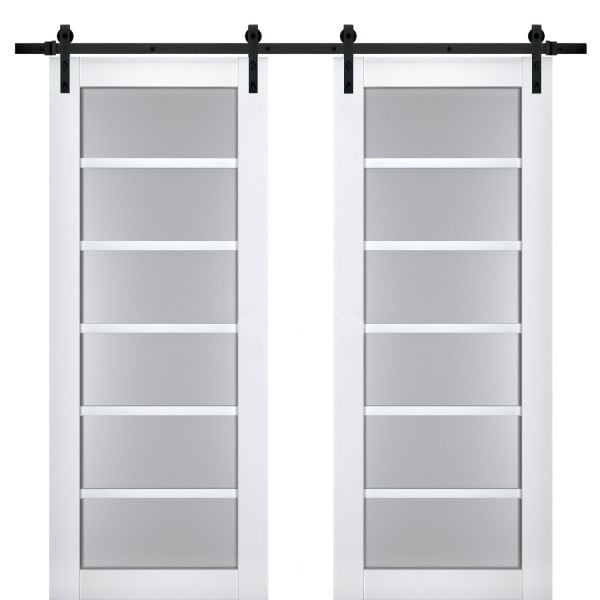 Sturdy Double Barn Door with Frosted Glass | Veregio 7602 White Silk | 13FT Rail Hangers Heavy Set | Solid Panel Interior Doors-36" x 80" (2* 18x80)-Black Rail