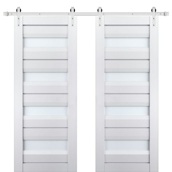 Sturdy Double Barn Door with Frosted Glass | Veregio 7455 White Silk | Silver 13FT Rail Hangers Heavy Set | Solid Panel Interior Doors