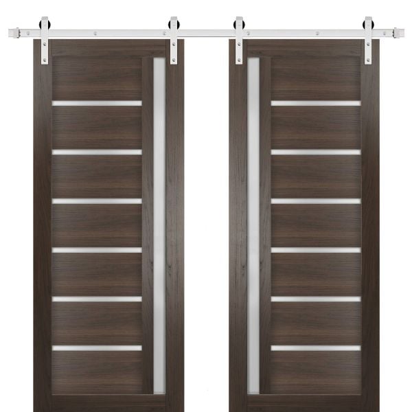 Sturdy Double Barn Door with Frosted Glass | Quadro 4088 Chocolate Ash | Silver 13FT Rail Hangers Heavy Set | Solid Panel Interior Doors