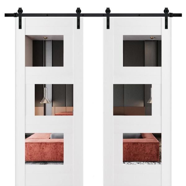 Modern Double Barn Door with Opaque Glass / Sete 6999 White Silk with Mirror / 13FT Rail Track Set / Solid Panel Interior Doors