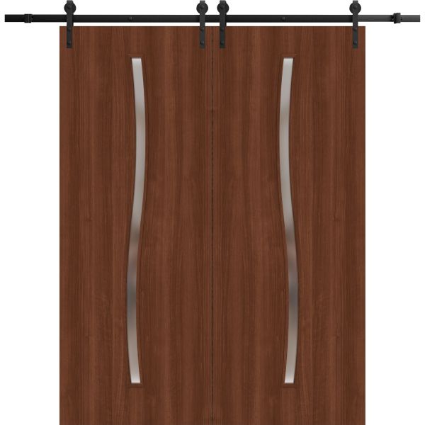 Modern Double Barn Door 84 x 80 inches | BASIC 3002 Walnut | 14FT Rail Track Set | Solid Panel Interior Doors