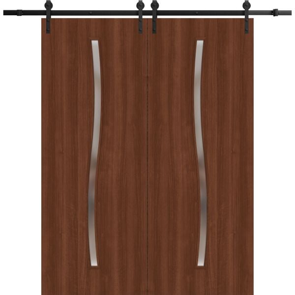 Modern Double Barn Door 72 x 80 inches | BASIC 3002 Walnut | 13FT Rail Track Set | Solid Panel Interior Doors
