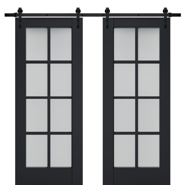 Sturdy Double Barn Door with Frosted Glass | Veregio 7412 Antracite | 13FT Rail Hangers Heavy Set | Solid Panel Interior Doors