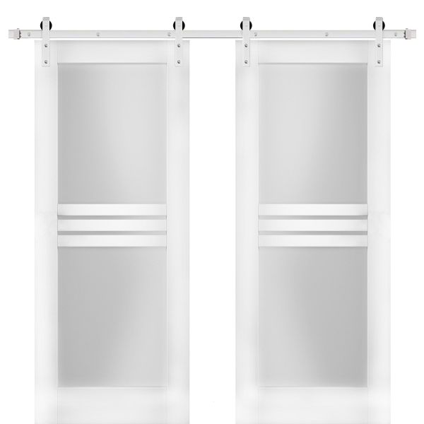 Modern Double Barn Door with Opaque Glass 4 Lites / Mela 7222 Matte White / 13FT Stainless Steel Rail Track Set / Solid Panel Interior Doors