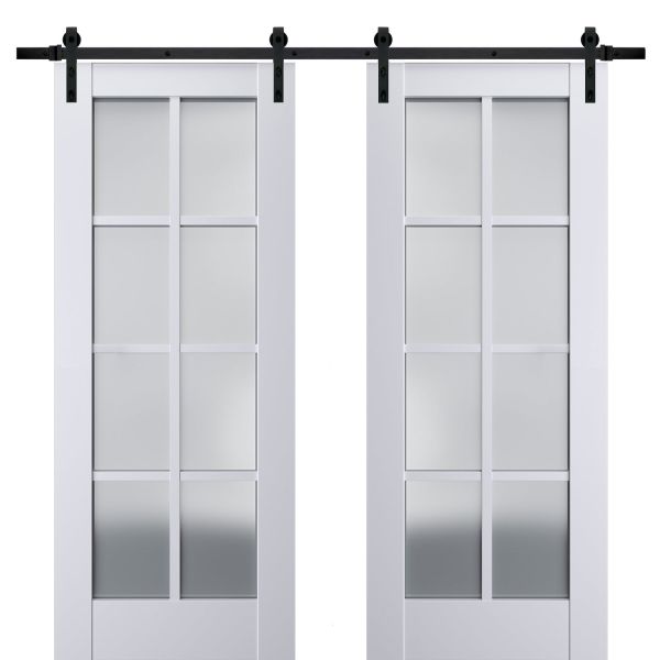 Sturdy Double Barn Door with Frosted Glass | Veregio 7412 White Silk | 13FT Rail Hangers Heavy Set | Solid Panel Interior Doors-36" x 80" (2* 18x80)-Black Rail