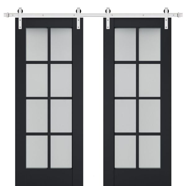 Sturdy Double Barn Door | Veregio 7412 Antracite with Frosted Glass | Silver 13FT Rail Hangers Heavy Set | Solid Panel Interior Doors
