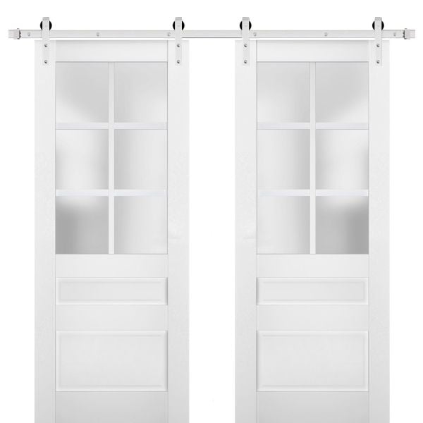 Sturdy Double Barn Door with Frosted Glass | Veregio 7339 White Silk | Silver 13FT Rail Hangers Heavy Set | Solid Panel Interior Doors