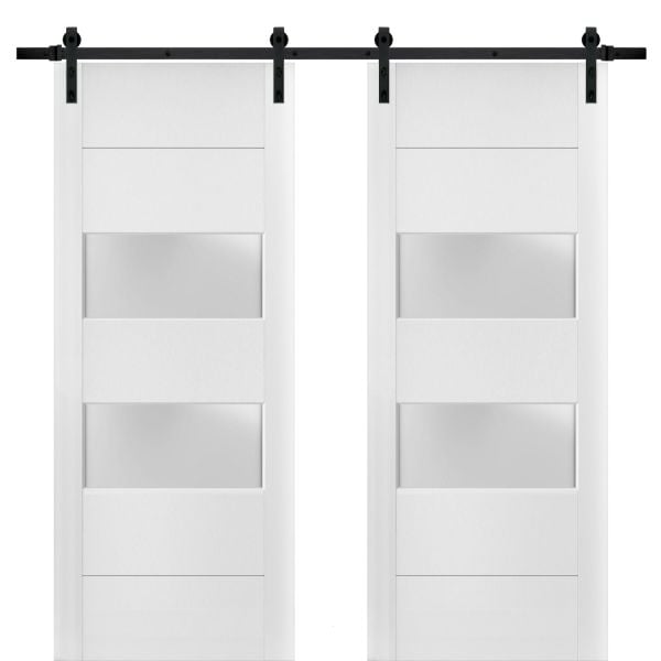 Sturdy Double Barn Door with 2 lites | Lucia 4010 White Silk with Frosted Glass | 13FT Rail Hangers Heavy Set | Solid Panel Interior Doors