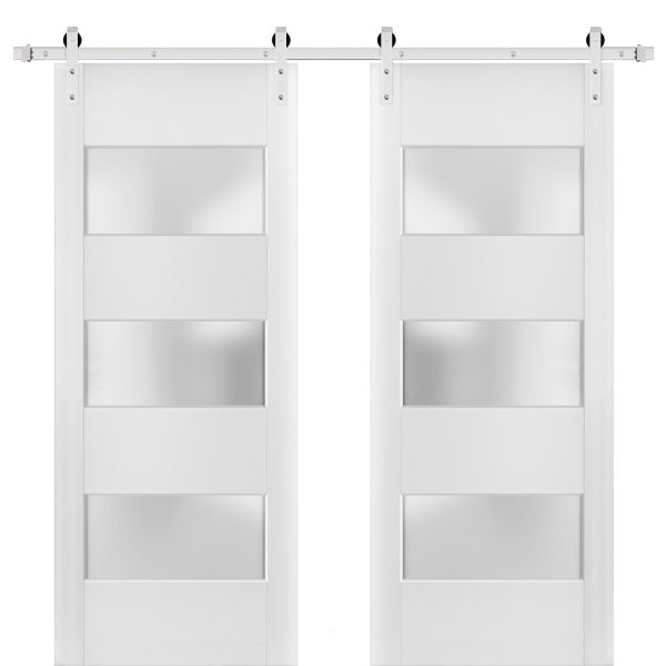 Sturdy Double Barn Door with 2 lites | Lucia 4070 White Silk | 13FT Steinless Steel Rail Hangers Heavy Set | Solid Panel Interior Doors