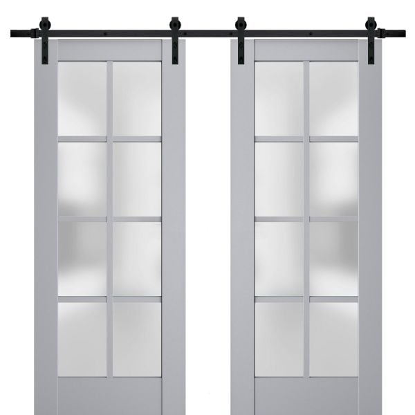 Sturdy Double Barn Door with Frosted Glass | Veregio 7412 Matte Grey | 13FT Rail Hangers Heavy Set | Solid Panel Interior Doors