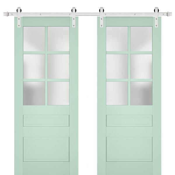 Sturdy Double Barn Door | Veregio 7339 Oliva with Frosted Glass | Silver 13FT Rail Hangers Heavy Set | Solid Panel Interior Doors