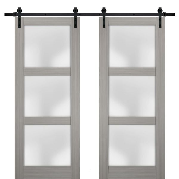 Sturdy Double Barn Door with Frosted Glass | Lucia 2552 Grey Ash| 13FT Rail Hangers Heavy Set | Solid Panel Interior Doors-36" x 80" (2* 18x80)-Black Rail