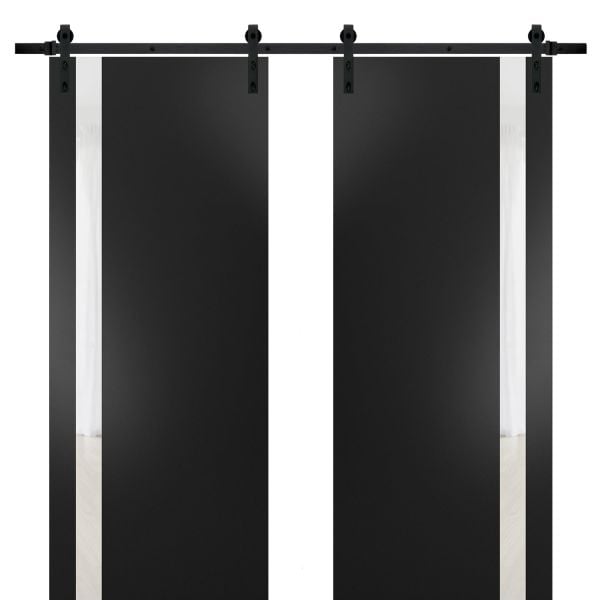 Sturdy Double Barn Door with | Planum 0040 Matte Black with White Glass | 13FT Rail Hangers Heavy Set | Solid Panel Interior Doors-36" x 80" (2* 18x80)-Black Rail