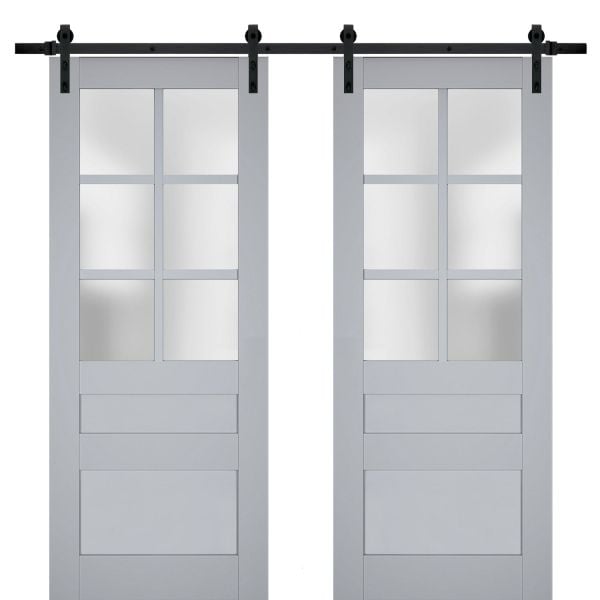 Sturdy Double Barn Door | Veregio 7339 Matte Grey with Frosted Glass | 13FT Rail Hangers Heavy Set | Solid Panel Interior Doors
