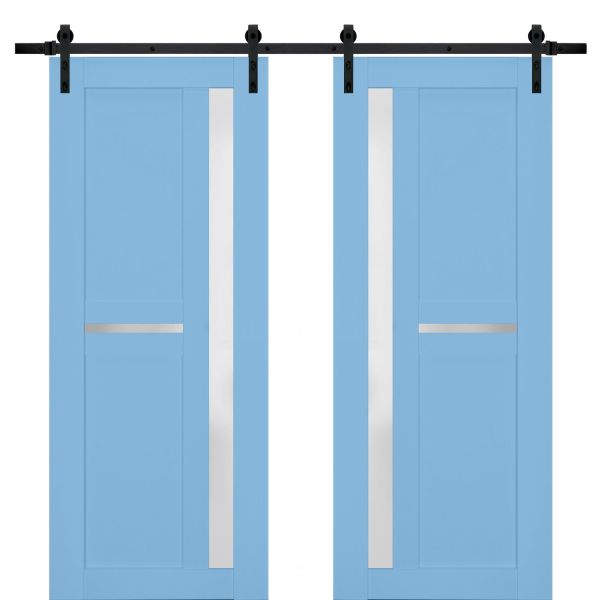 Sturdy Double Barn Door with Frosted Glass | Veregio 7288 Aquamarine | 13FT Rail Hangers Heavy Set | Solid Panel Interior Doors