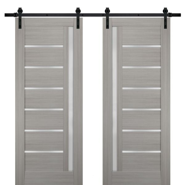 Sturdy Double Barn Door with Frosted Glass | Quadro 4088 Grey Ash | 13FT Rail Hangers Heavy Set | Solid Panel Interior Doors-36" x 80" (2* 18x80)-Black Rail