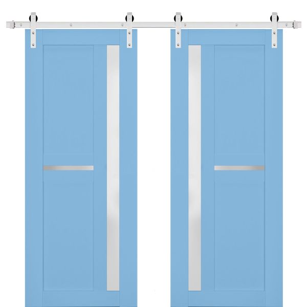 Sturdy Double Barn Door with Frosted Glass | Veregio 7288 Aquamarine | Silver 13FT Rail Hangers Heavy Set | Solid Panel Interior Doors