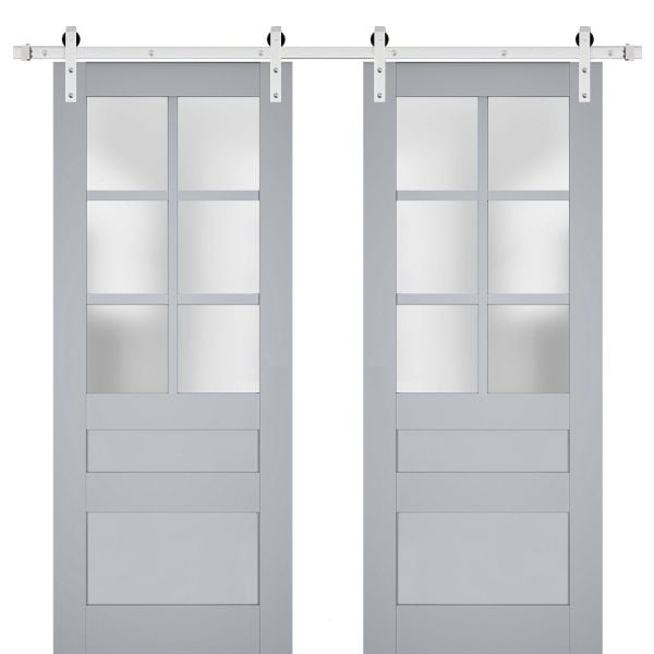 Sturdy Double Barn Door with Frosted Glass | Veregio 7339 Matte Grey | Silver 13FT Rail Hangers Heavy Set | Solid Panel Interior Doors
