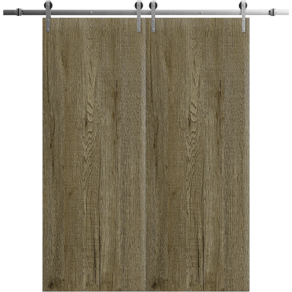 Modern Double Barn Door 64 x 84 inches | BASIC 3001 Antique Oak | 13FT Silver Rail Track Set | Solid Panel Interior Doors
