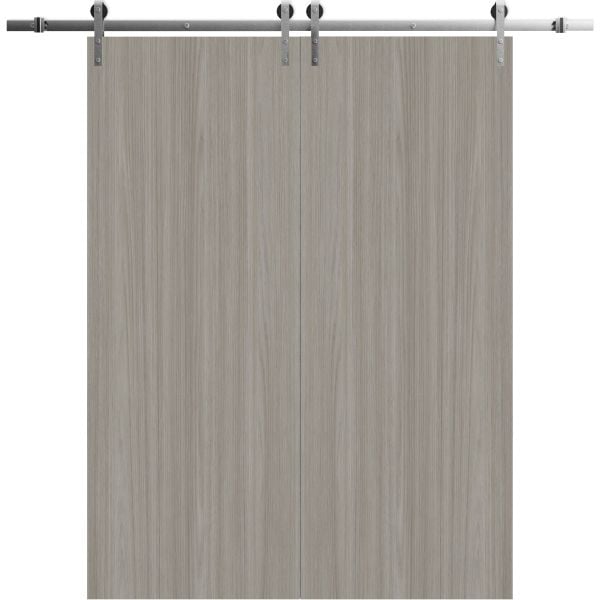 Modern Double Barn Door 84 x 84 inches | BASIC 3001 Oak | 14FT Silver Rail Track Set | Solid Panel Interior Doors