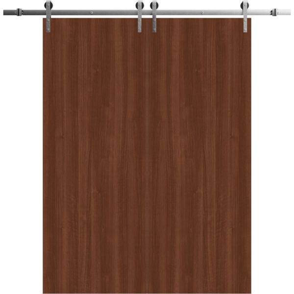 Modern Double Barn Door 48 x 84 inches | BASIC 3001 Walnut | 13FT Silver Rail Track Set | Solid Panel Interior Doors